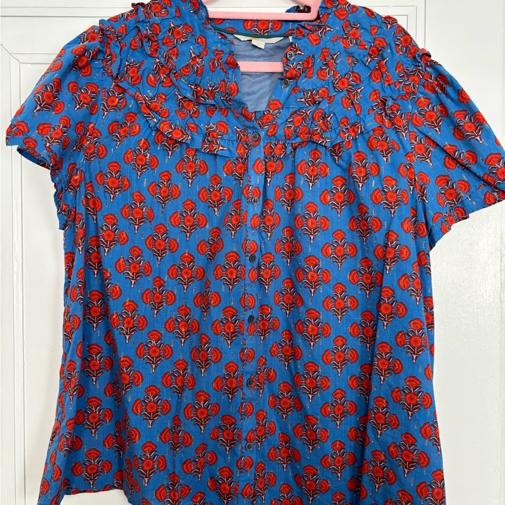 Boden Blue Blouse with Red Floral Print